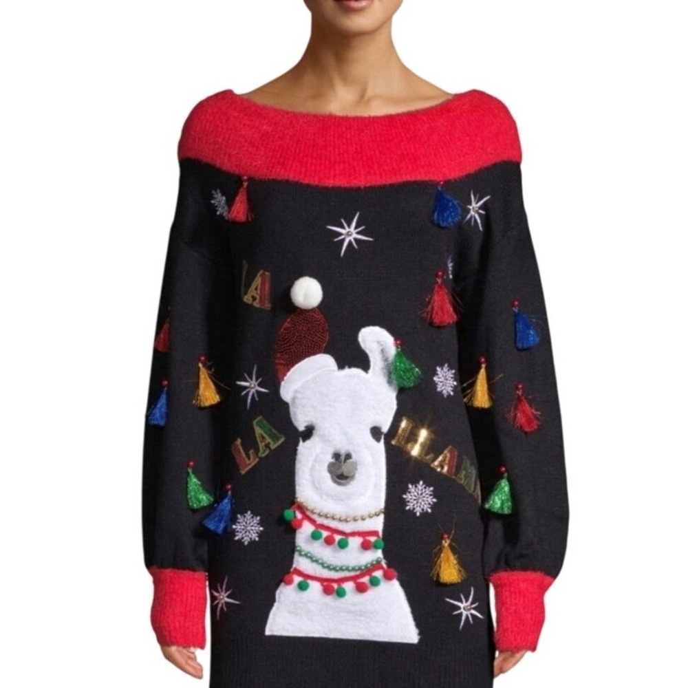 Holiday Time Christmas Sweater Women 2X Black Llama Tunic Tassels Sequin Fuzzy